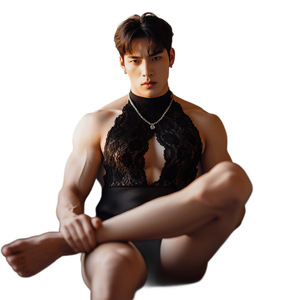 Men's hollowed-out lace bodysuit, sexy mesh lingerie, open crotch, erotic, seductive set, crossdressing couple outfit - Product Image 5