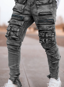 Großhandel Skinny Mehrere 3D-Taschen Hochwertige Custom <span class=keywords><strong>Denim</strong></span> Stacked Herren Cargo Jeans
