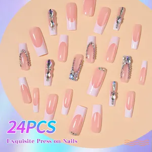 24pcs Long Square Nail Colored Diamonds Press Nails Nail Patch Removable Reusable Women And Girls Daily Wear Wholesale