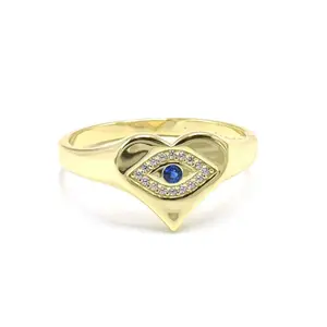 Cincin Jari Wanita, Mode Vintage Beruntung Turki Mata Jahat Sepuh Emas Biru Putih CZ Paved Hati Signet