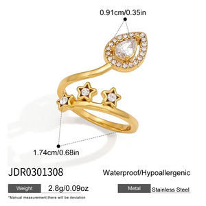 18K PVD 金不锈钢开口可调节戒指，镶有锆石，星形泪滴眼形可叠戴指环，适合女士 - Product Image 2