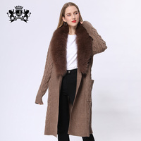 Janfourrure-pull tricoté à manches longues pour femme, cardigan demi-mètre, couleur or, col en vrai fourrure, automne et hiver