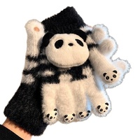 Gants en peluche panda roux mignons en tricot avec plumes de poulet, style coréen, cinq doigts, pour femmes, hiver, écran tactile, cyclisme