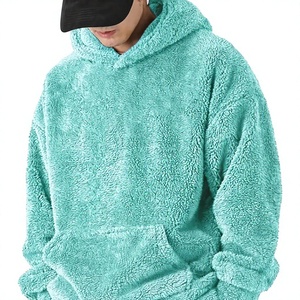 Sweat à capuche en sherpa moelleux vert menthe uni pour homme avec poche kangourou, vêtements en gros OEM ODM - Product Image 1