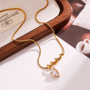 Collar de acero inoxidable con colgante de circonita en forma de gota de agua, cadena de hueso de serpiente, chapado en oro de 18k para mujer - Product Image 5