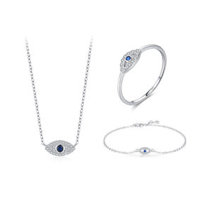 Argent fin 925 vente en gros turquie mauvais yeux conception trois pendentif collier Bracelet bague ensembles de bijoux pour femmes fille doigt cadeau - Product Image 1