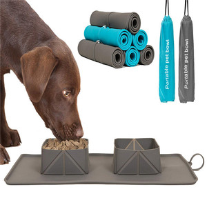 Bol pliable en silicone pour animaux de compagnie, double, antidérapant, portable pour l'extérieur, avec sac, gris émeraude, 38x23,5 cm - Product Image 1