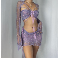 Ensemble Robe Tricotée Femme en Gros Couleur Unie Paillettes Manches Longues Creuses Bandage Crop Top + Mini-Jupe S-XL 4 Couleurs