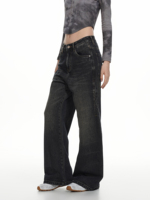 Jean en denim pour homme et femme, coupe droite ample, micro-culotte large, taille mi-haute, style streetwear, motif uni, collection automne-hiver