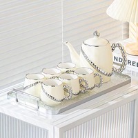 Service à thé en porcelaine avec revêtement argenté, luxe, avec théière, plateau, porcelaine osseuse, 6 pièces, logo personnalisé, service à thé et à café en céramique européen