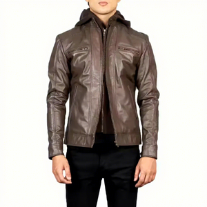 Veste à capuche en cuir véritable marron pour homme, double fermeture éclair, poches poitrine, en peau de mouton, style motard vintage, manteau d'hiver personnalisé - Product Image 1