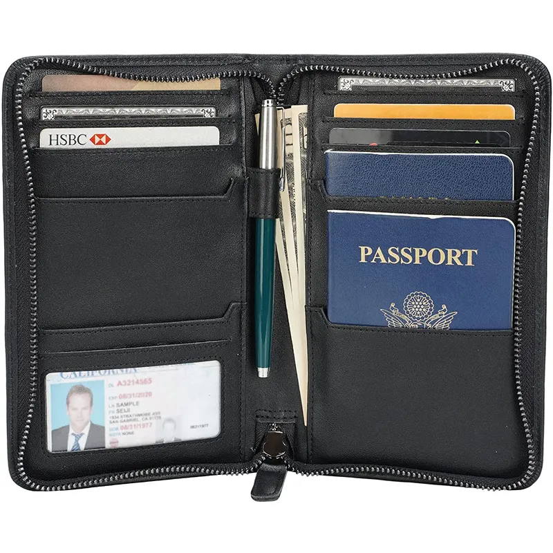 चमड़े पासपोर्ट कवर मामले के साथ आरएफआईडी अवरुद्ध असली लेदर पासपोर्ट बटुआ जिपर स्लॉट चमड़े पासपोर्ट धारक