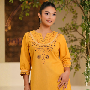 Premium Mustard Yellow Linen <b>Kurta</b> <b>Top</b> Bulk Wholesale Apparel High End for Women - Product Image 1