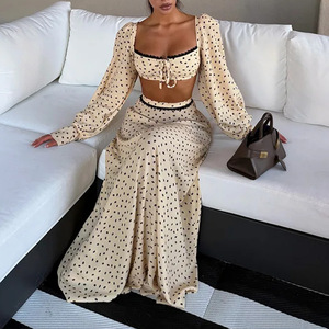 <strong>Women</strong> Polka Dot Two Piece Skirt Set Puff Sleeve Tie Front Crop Top High Waist Flared Maxi Skirt Vacation <strong>Resort</strong> Casual <strong>Wear</strong> - Product Image 3