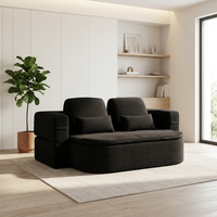 Sofá Cama Modular de Corduroy Negro con Manta Térmica para Asiento, Sofá Cama Convertible de 2 Plazas, Cama Plegable