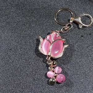 Trendy Women Rhinestone Diamond Tulip Floral <b>Key</b> <b>Chain</b> Pink White Opal Tulip Flower Pendant Keychain - Product Image 2