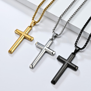 Collar de Joyería de Moda con Colgante de Cruz Simple Inclinada Lisa Chapada en Oro de Acero Inoxidable Cristiano para Hombre, Venta al por Mayor Religiosa - Product Image 1