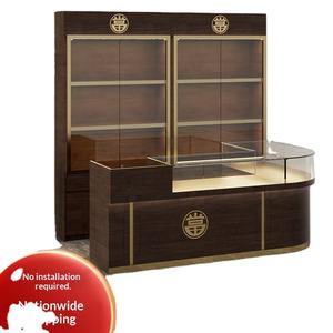 Vitrine à bijoux en or avec éclairage LED, rangement amovible, sculptures en jade, verre de jadéite, style vintage, bois massif, acier inoxydable - Product Image 1