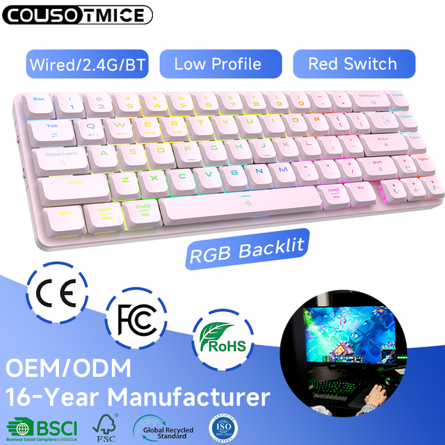 OEM ODM Low Profile Mechanical Keyboard Tri-Mode Aluminum Custom Switch RGB Ultra-Thin 68 Keys 65% Wireless Gaming Keyboards