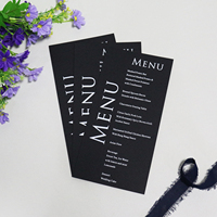 Papier carton noir personnalisé/cartes de menu de mariage en acrylique avec texte déjouant blanc pour décoration de table de mariage