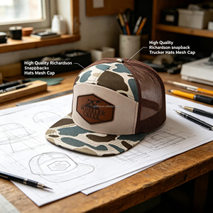 Gorra trucker Richardson 168 de 7 paneles de malla con cierre a presión, parche de cuero y logotipo bordado personalizado para caza, al por mayor - Product Image 1