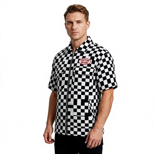 <b>Men</b> Black <b>White</b> Checkered <b>Short</b> <b>Sleeve</b> Zip Up <b>Shirt</b> Turn Down Collar Letter Print Pocket Streetwear Casual Top - Product Image 1
