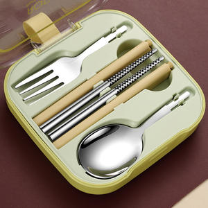 <b>Portable</b> Stainless Steel <b>Cutlery</b> <b>Set</b> With Spoon Fork Chopsticks For Camping Outdoor Use Rectangular Design Plastic Lid Included - Product Image 1
