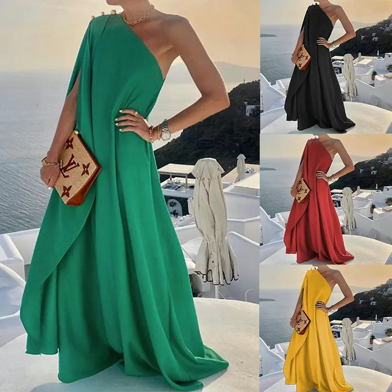 Women's fashion solid color loose one shoulder maxi long dress Elegant beading Floor Length Dresses
