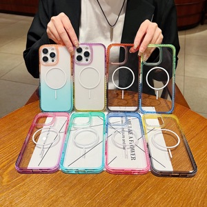 Gradient Color Border Magnetic Phone Case For <b>iPhone</b> 18 17 16 15 14 13 12 Pro Max Shockproof Transparent Protective Cover - Product Image 1