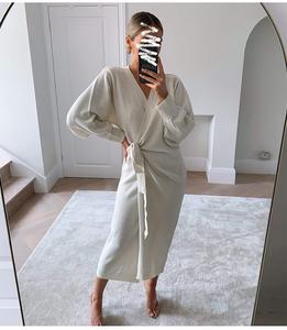 Abito Lungo Avvolgente in Maglia per Donna, Autunno Inverno, Oversize Elegante, Vestito <span class=keywords><strong>da</strong></span> <span class=keywords><strong>Giorno</strong></span> Sexy con Scollo a V, Abbigliamento Femminile per le Vacanze - Product Image 4