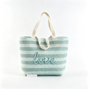 Customized Striped <b>Straw</b> Love Tote <b>Bag</b>, Woven <b>Straw</b> <b>Beach</b> Shoulder Tote, Brown Cream Striped <b>Straw</b> Handbag - Product Image 6