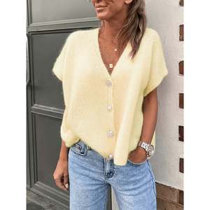 Fuzzy Short Sleeve Button <b>Cardigan</b> <b>Light</b> Yellow Women's <b>Cardigan</b> - Product Image 2