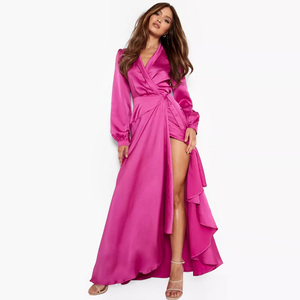 Nuovo abito da donna Casual elegante manica lunga in raso asimmetrico avvolgente con cintura Sexy con spacco - Product Image 1