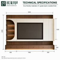 Unit TV Custom ARET - Walnut Parquet & Cream, Bagian Atas Berjeruji, Penyimpanan Samping, Lampu LED, Media Dinding Modern (LWH)