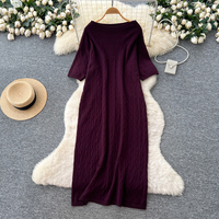 Robe longue décontractée pour femme à manches courtes en maille torsadée, col rond élégant, coupe trapèze, vêtement tricoté pour le quotidien, robes décontractées