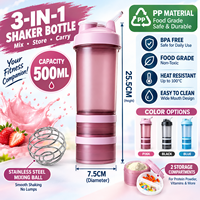 Bouteille shaker protéiné 3 couches 500 ml avec compartiment de rangement pour pilules et poudre, boule mélangeuse, pour fitness et gym, vente en gros