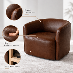 Fauteuil d'appoint en cuir véritable marron moderne VB avec structure en bois massif et mousse haute résilience pour salon, hôtel, salle de séjour - Product Image 4
