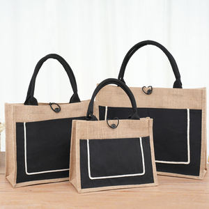 Sac fourre-tout réutilisable en toile de jute, lin, chanvre et coton blanc, personnalisable avec logo, avec poche avant, idéal pour la plage, le shopping ou comme sac cadeau. - Product Image 3