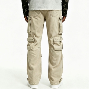 SOONREE Jeans streetwear multi-poches personnalisables de haute qualité, pantalon cargo en denim <span class=keywords><strong>beige</strong></span> délavé à jambes larges pour hommes, OEM - Product Image 4
