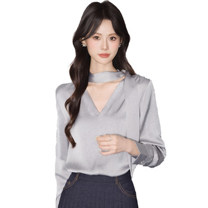 French Style Ribbon Blouse Women White V Neck Long Sleeve Wrap <b>Tie</b> Top Office Wear Slim Fit Solid Color <b>Polyester</b> Shirt Q9944 - Product Image 5