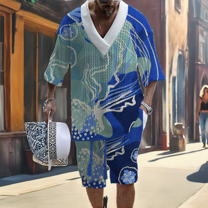 Conjunto de Dos Piezas de Verano para Hombre, Estilo Vintage, Cuello en V, Camiseta de Manga Corta y Pantalones Cortos de Poliéster/Algodón Tejido, Transpirable, Informal, Azul - Product Image 2