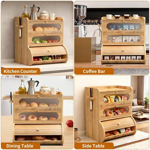 Boîte à pain en bambou 3 niveaux avec couvercle pour le rangement des aliments dans la cuisine - Product Image 4
