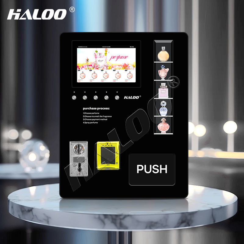 Haloo wall-mounted perfume spray vending machine can hold four different fragrances and features five sample buttons for tabletop use