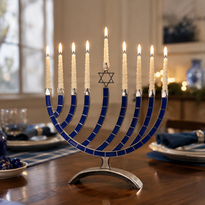 Menorah de Metal Esmaltado Azul, <span class=keywords><strong>Candelabro</strong></span> de <span class=keywords><strong>9</strong></span> <span class=keywords><strong>Brazos</strong></span> para Hanukkah, Decoración Religiosa Moderna para el Hogar - Product Image 4