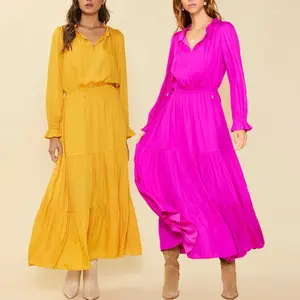 Bekleidungs hersteller Custom Damen elegante lange Ärmel einfarbig Maxi Freizeit kleid für Frauen