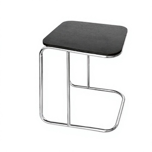 Table d'appoint moderne du milieu du siècle avec structure en acier et plateau en bois noir - Product Image 1