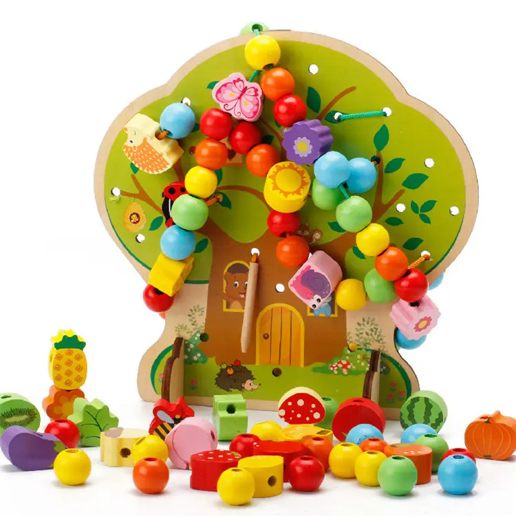 Puzzle multifungsi anak-anak kartun tali rumah musik blok bangunan kayu manik-manik mainan manik bulat