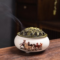 Brûleur d'Encens en Céramique avec Plateau en Bois d'Agar pour l'Aromathérapie, Senteur Santal et Thé
