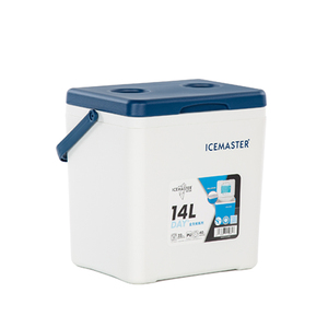 Glacière isotherme ICEMASTER 14L en plastique, carrée, portable, pour le camping en extérieur, blanche avec couvercle bleu - Product Image 1
