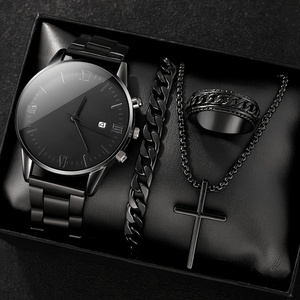Men's Luxury Quartz Watch Set Trendy <strong>Roman</strong> Numerals Minimalist Black Dial 40mm Glass Window Buckle Trendy Fashion Accessory - Product Image 6